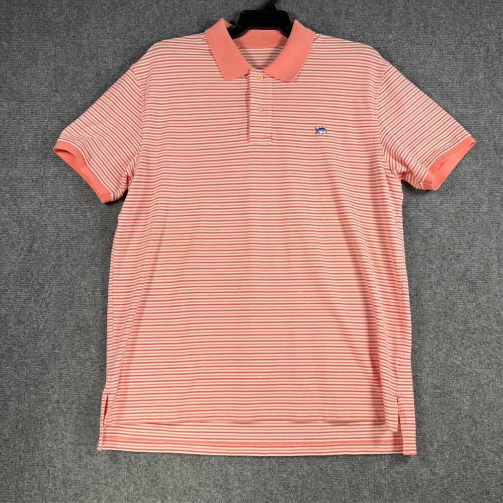 Golf Polo Southern Tide Men's Large/XL Coral White Stripe Stretch Skipjack Logo